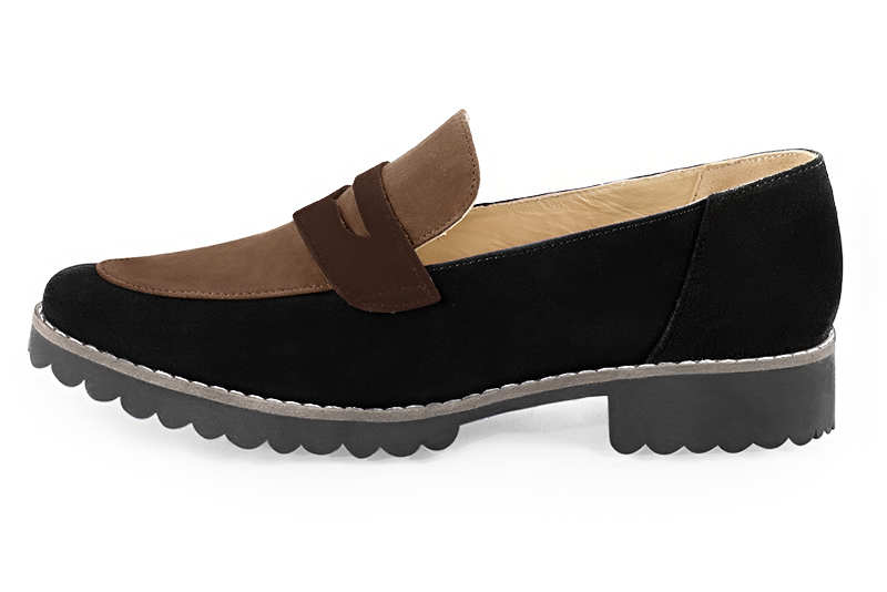 Matt black and chocolate brown women's casual loafers. Round toe. Flat rubber soles. Profile view - Florence KOOIJMAN